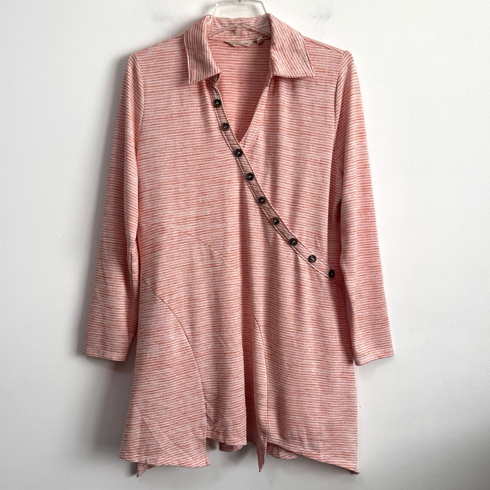Soft Surroundings Tamara Tunic L Orange Striped Long Sleeve‎ Knit Shirt V Neck